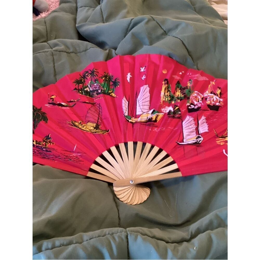 NWOT. Vietnamese Red Decorative Folding Hand Fan with Nautical Scene
